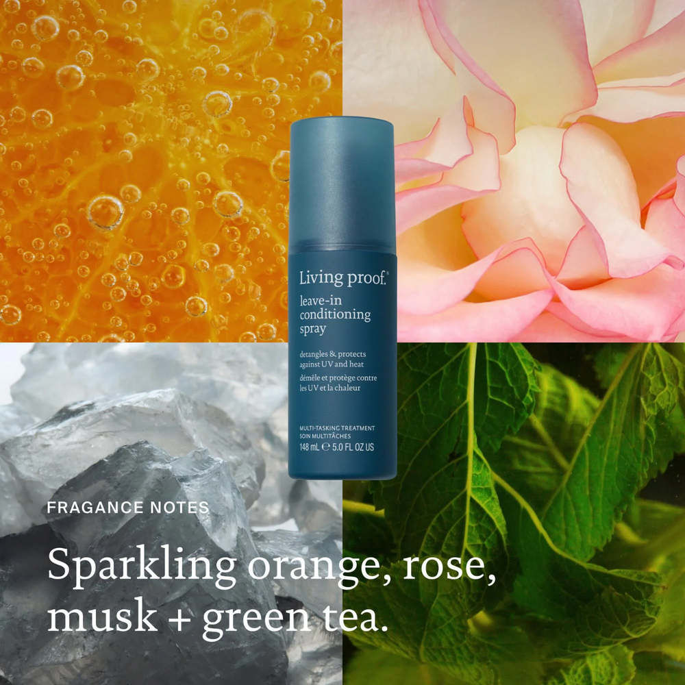 Flacon de spray sans rinçage Living Proof posé sur une surface claire, avec un fond neutre et des cheveux démêlés en arrière-plan