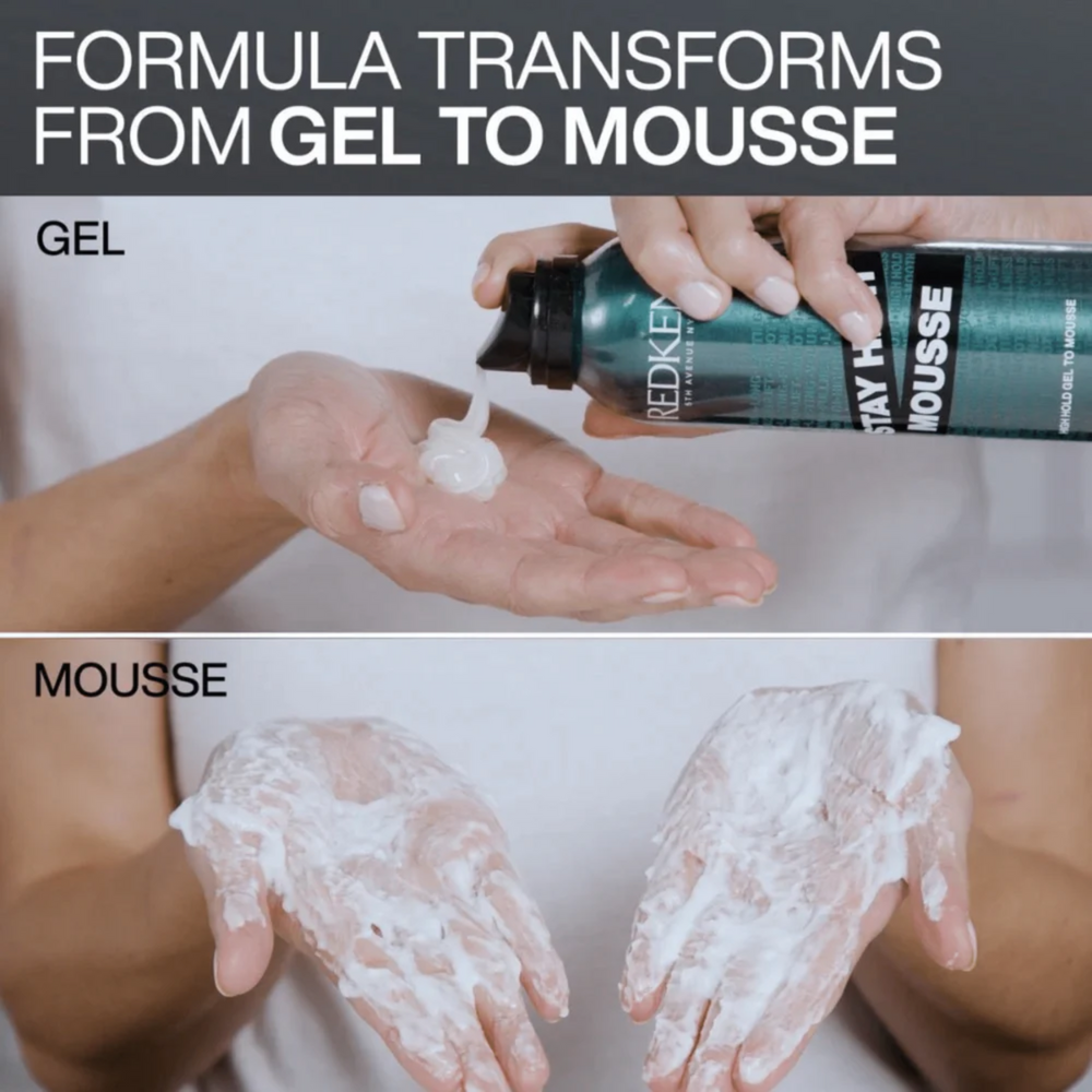 Flacon de Stay High Mousse Redken gel‑to‑mousse sur fond neutre.