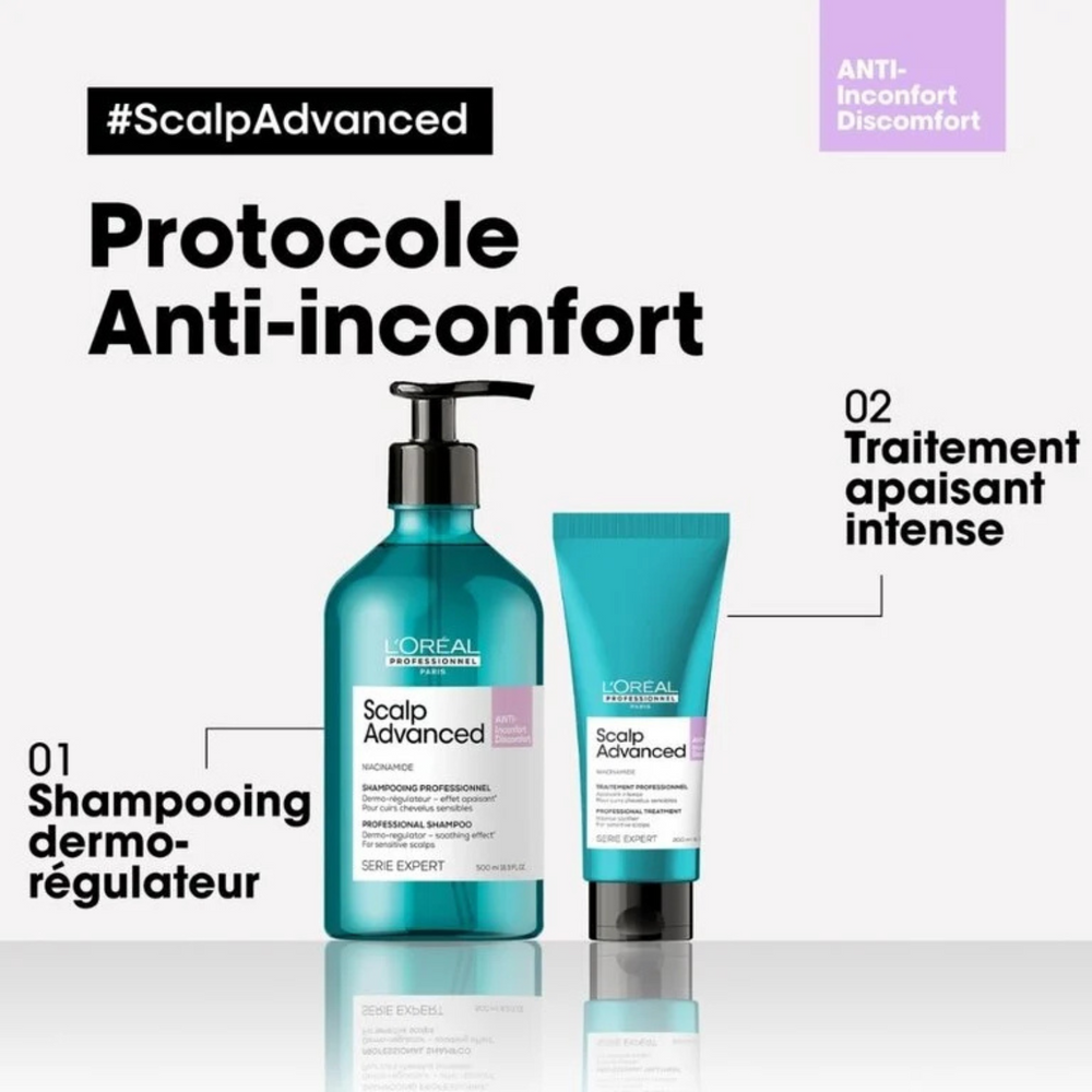 Flacon du Traitement Apaisant Intense Anti-Inconfort Scalp Advanced 200 ml de L'Oréal Professionnel, soin apaisant pour cuir chevelu sensible.