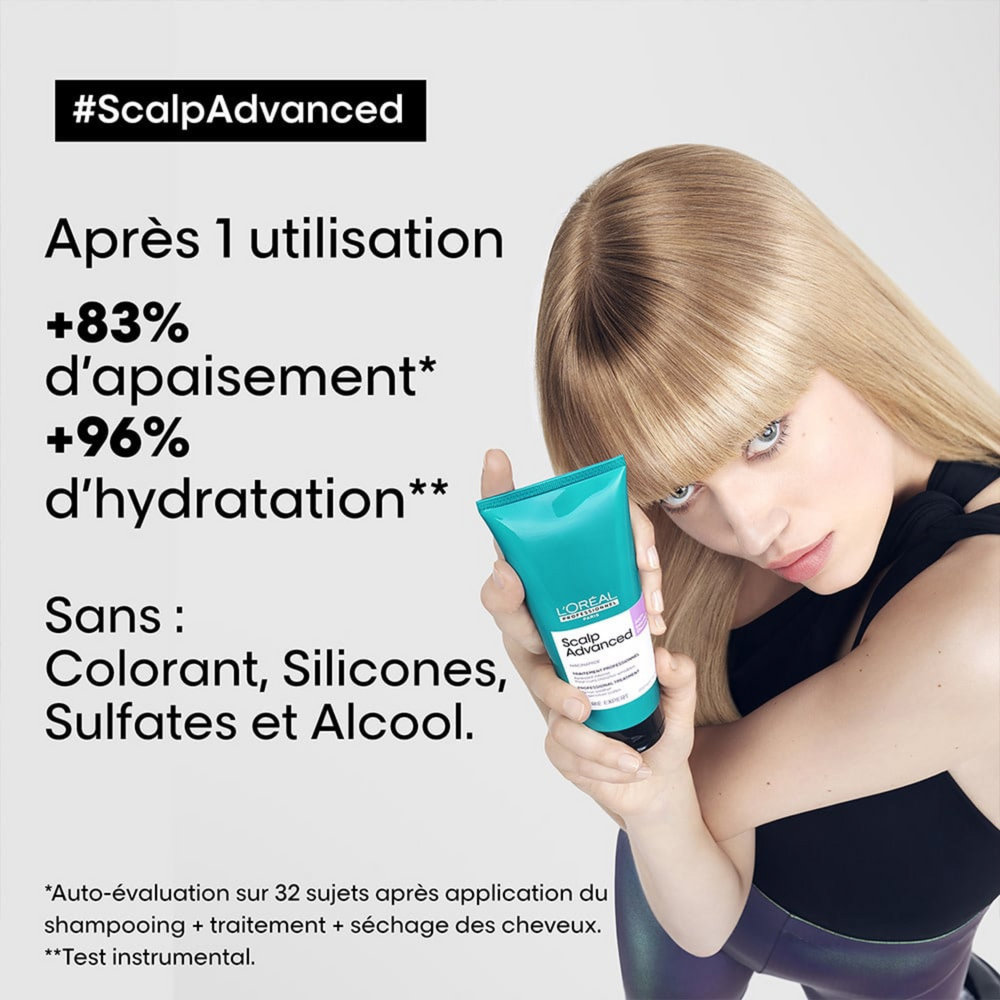 Flacon du Traitement Apaisant Intense Anti-Inconfort Scalp Advanced 200 ml de L'Oréal Professionnel, soin apaisant pour cuir chevelu sensible.