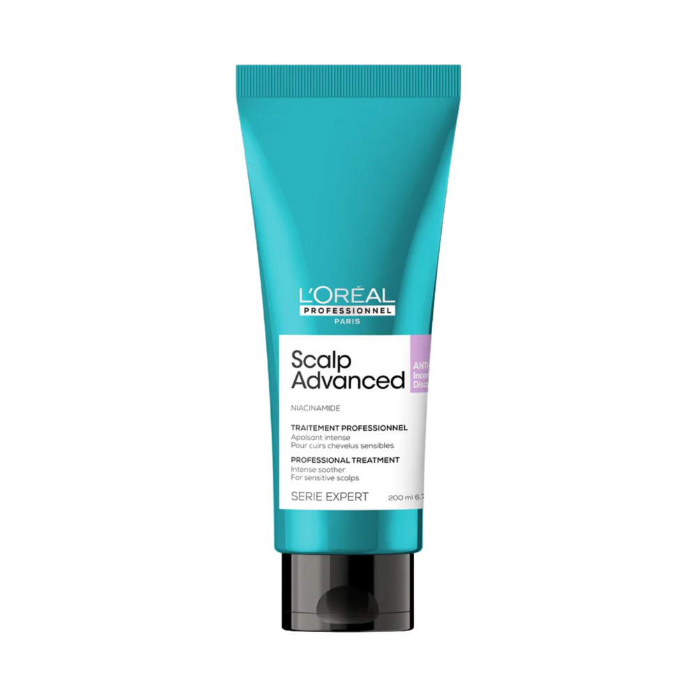 Flacon du Traitement Apaisant Intense Anti-Inconfort Scalp Advanced 200 ml de L'Oréal Professionnel, soin apaisant pour cuir chevelu sensible.