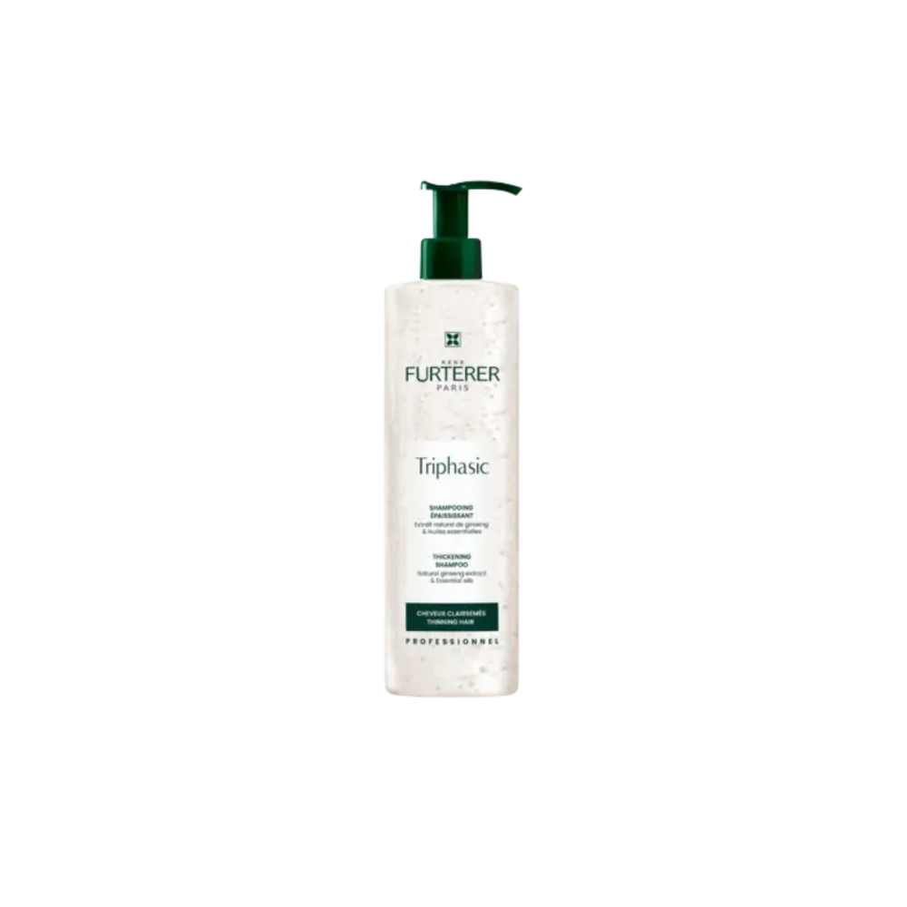 Flacon de Triphasic Shampooing Épaississant René Furterer, 200 ml, aux huiles essentielles, pour densité et volume.