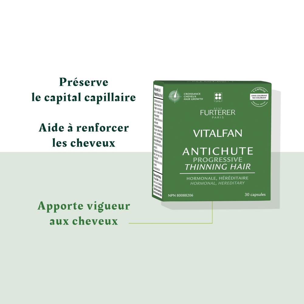 Boîte de 30 capsules Vitalfan Antichute Progressive René Furterer, lutte contre la chute de cheveux hormonale ou héréditaire
