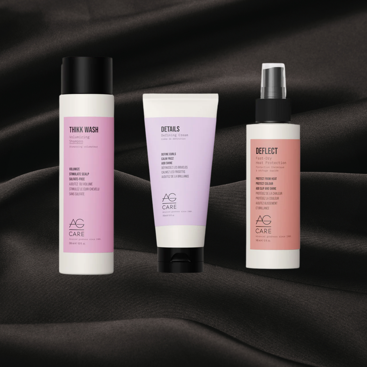 Shampooing volumisant Thikk Wash, Crème définissante Details & Protecteur thermal à séchage rapide Deflect de la gamme AG Care disponible chez cachet urbain sur fond noir texture satin
