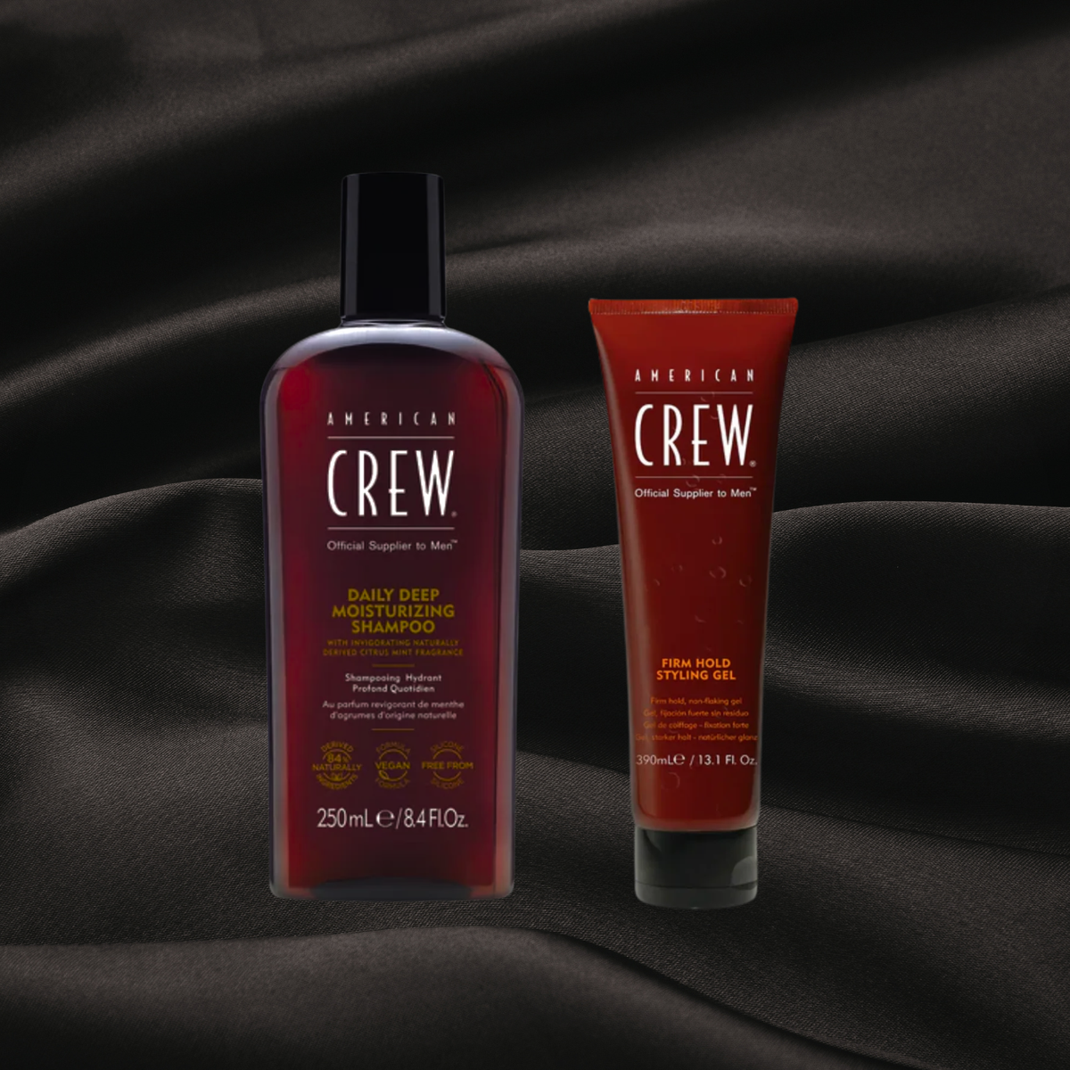 Shampoing hydratant quotidien et gel firm d'American Crew Professionnel chez Cachet Urbain sur fond noir texture satin