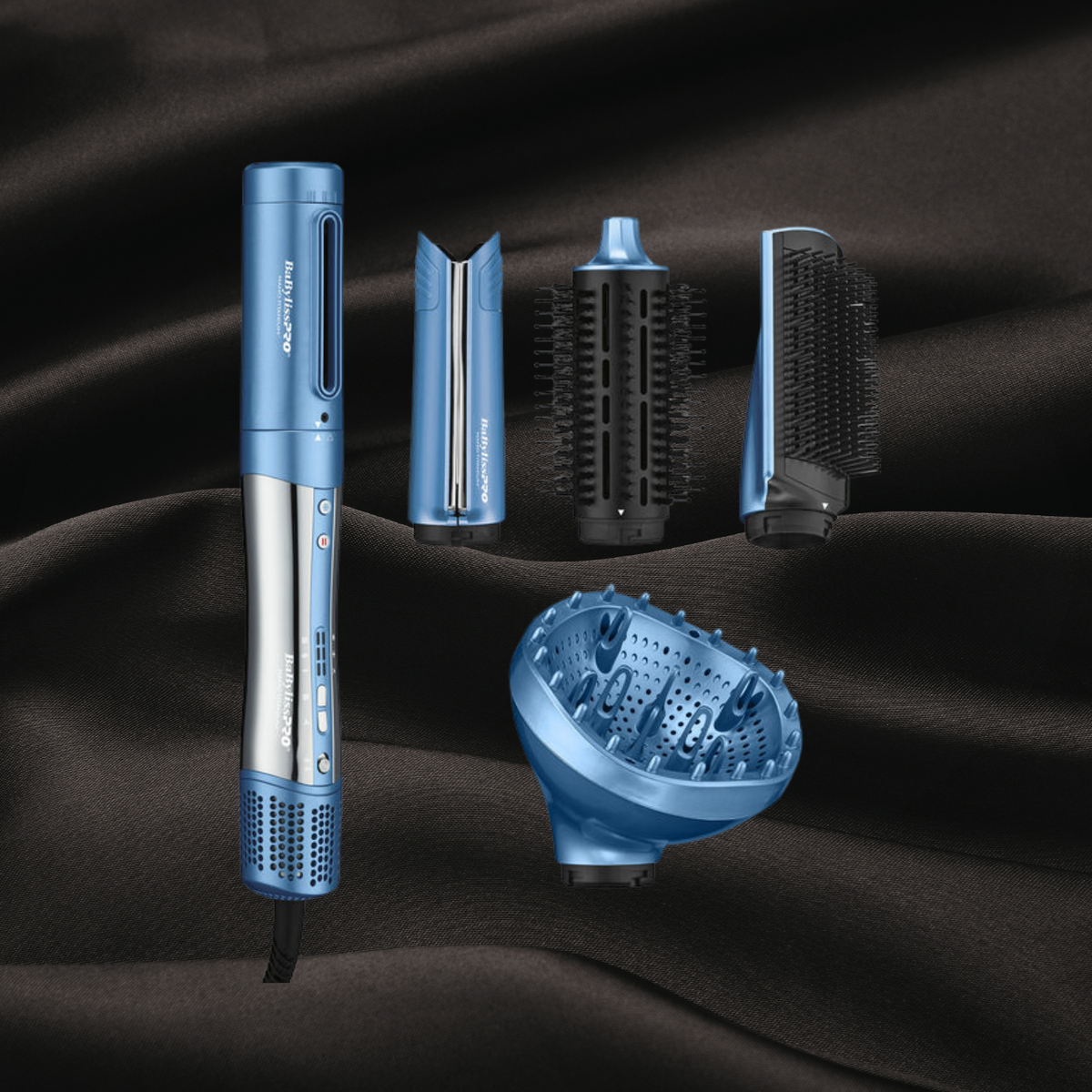 Séchoir Multi-Styler Style Switch bleu 5 en 1 de Babylisspro disponibles chez Cachet Urbain sur fond noir en satin