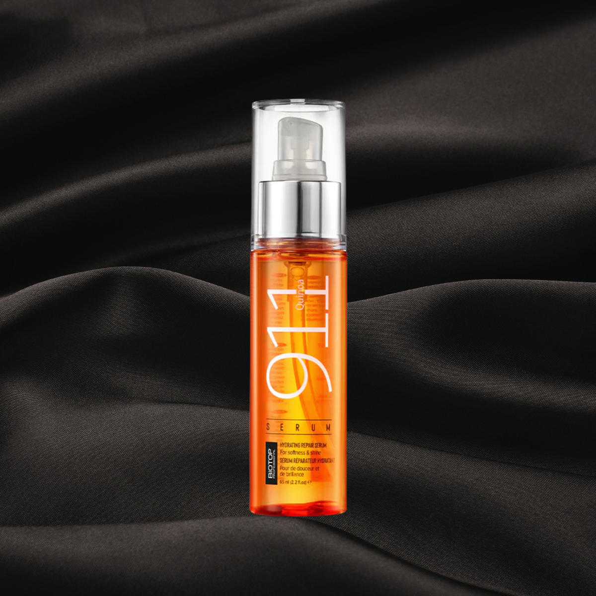 Sérum Réparateur et hydratant 911 de la gamme Biotop disponible chez cachet urbain sur fond noir texture satin