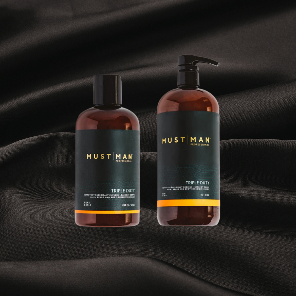 Nettoyant énergisant cheveux Triple Duty de la gamme Must Man disponible chez Cachet Urbain sur fond noir texture satin