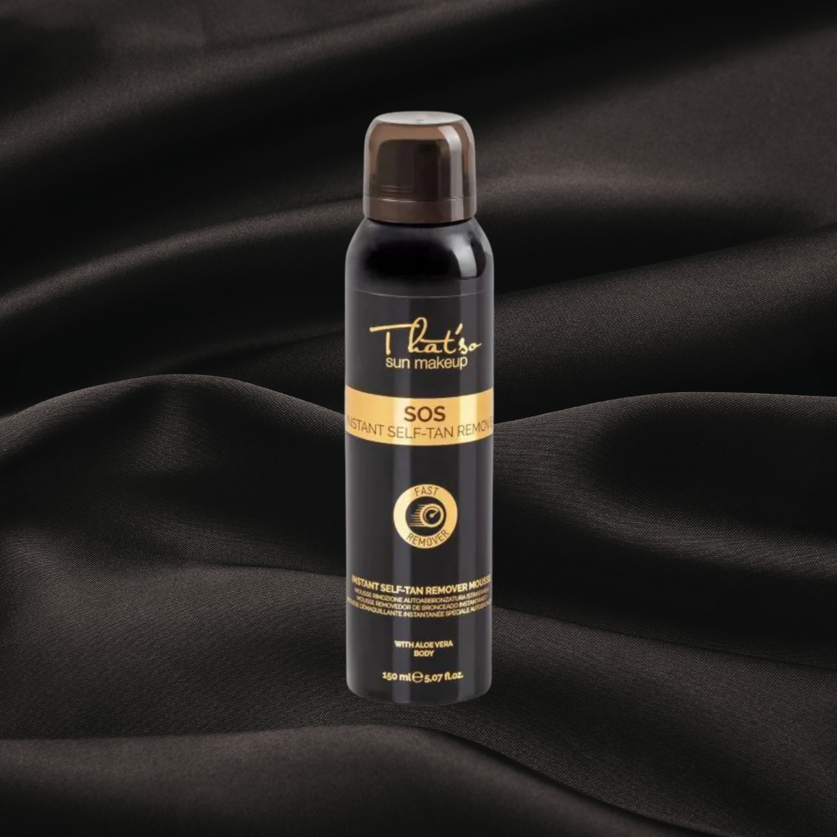 SOS Instant Self-Tan Remover That'so disponible chez Cachet Urbain sur fond noir texture satin