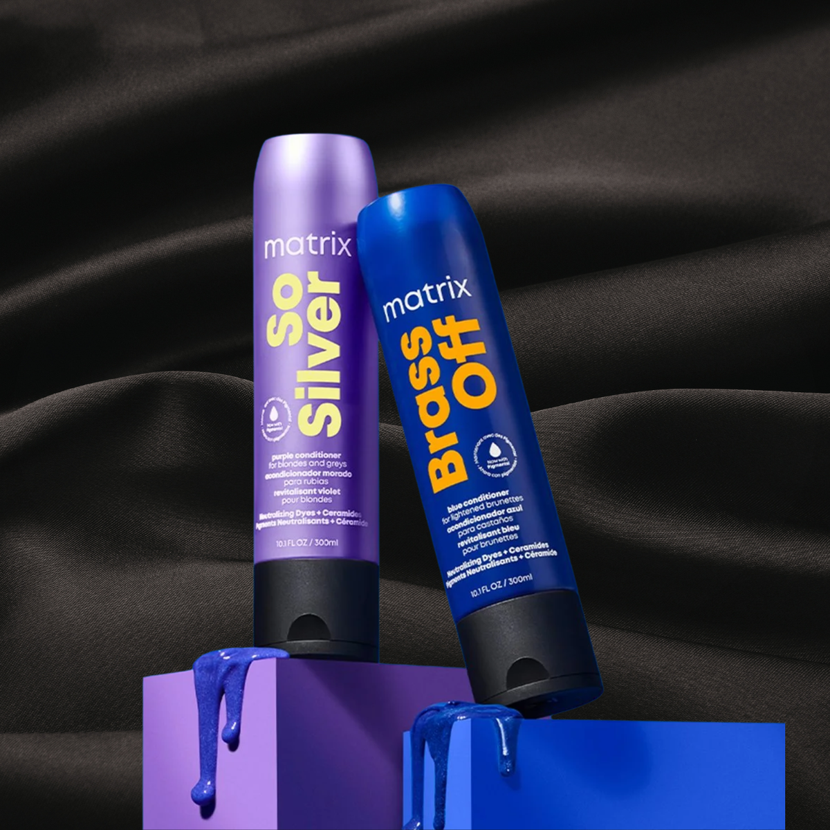 Shampooing neutralisants so silver & brass off de Matrix sur fond noir en satin