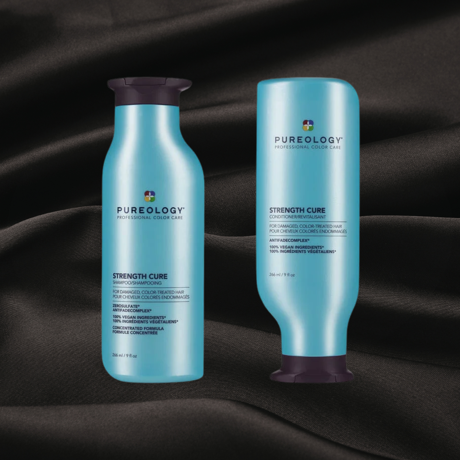 Shampoing et revitalisant strength cure de pureology sur fond noir texture satin