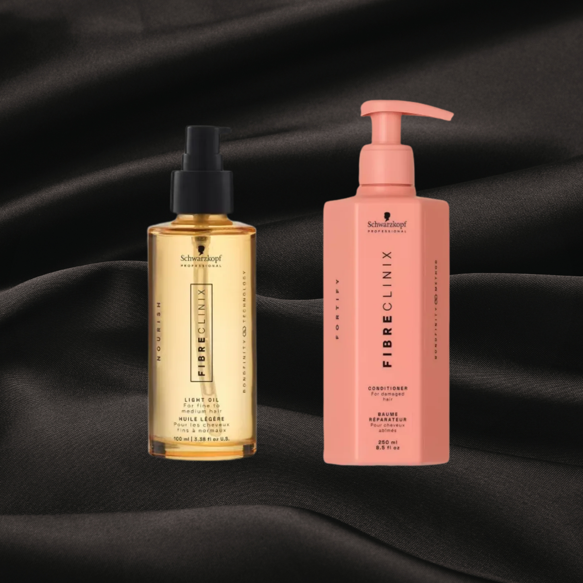 Huile légère & Baume réparateur de Fibreclinix Schwarzkopf disponible chez Cachet Urbain sur fond noir texture satin