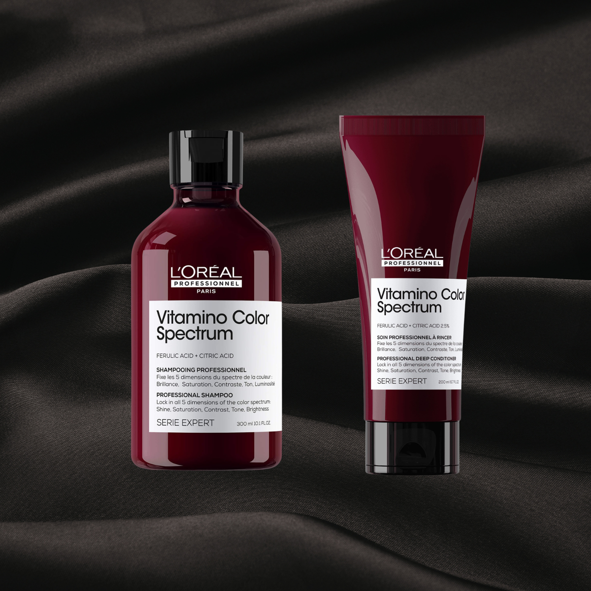 Produits L’Oréal Vitamino Color Spectum alignés élégamment sur fond neutre chez Cachet Urbain