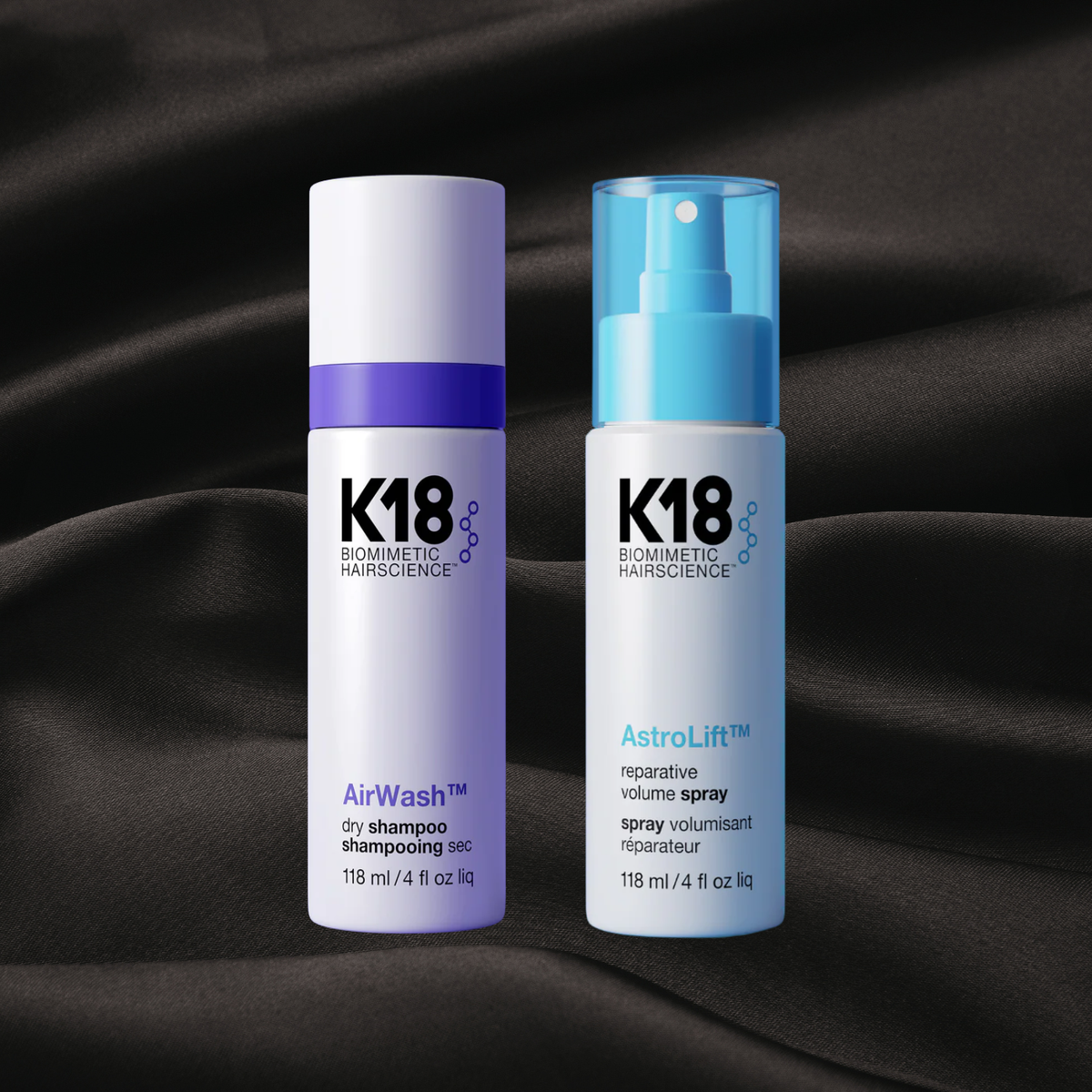 Shampooing Sec Airwash & Spray Volumisant Réparateur Astrolift de la gamme K18 sur fond noir texture satin