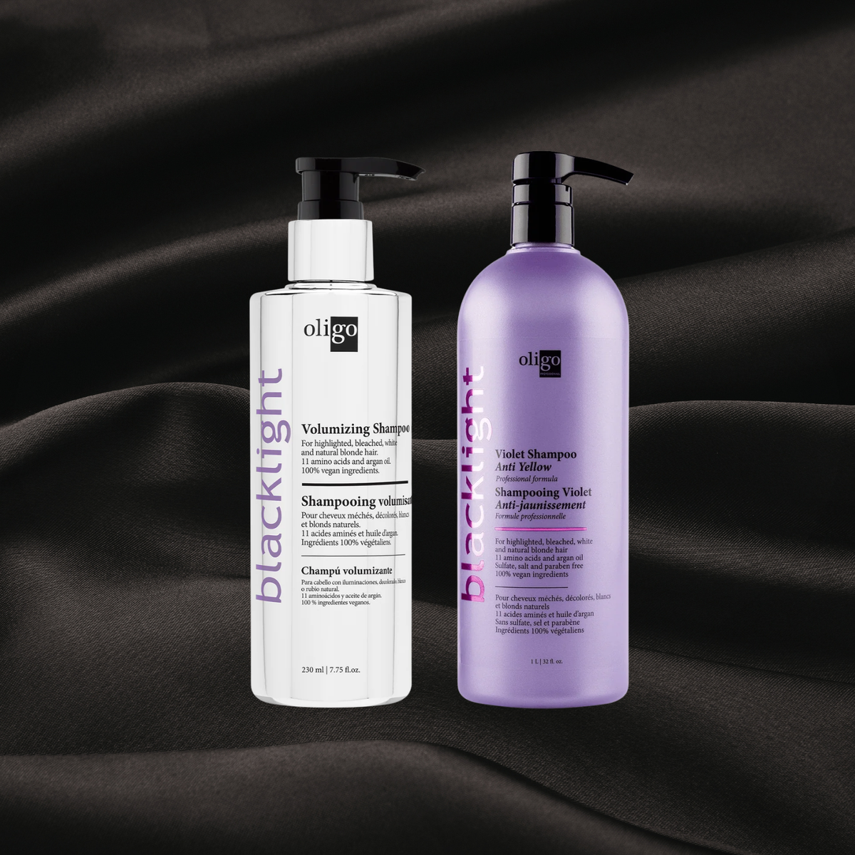 Shampooing Volumisant & Shampooing Violet Anti-Jaunissement Oligo Blacklight sur fond noir texture satin