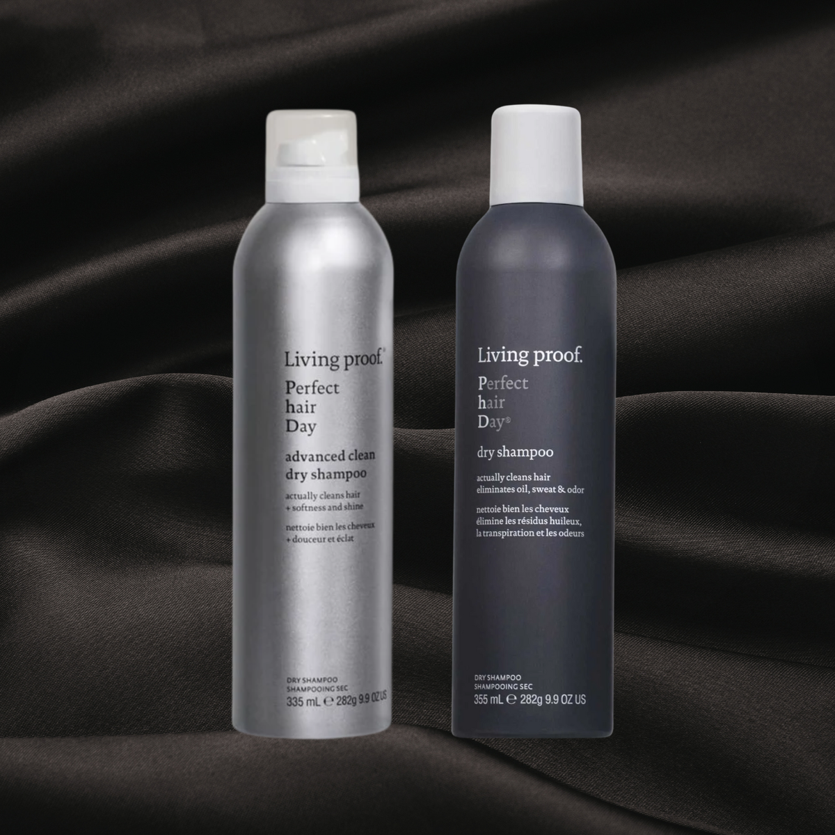 Shampooing sec de Living Proof sur un fon noir en satin