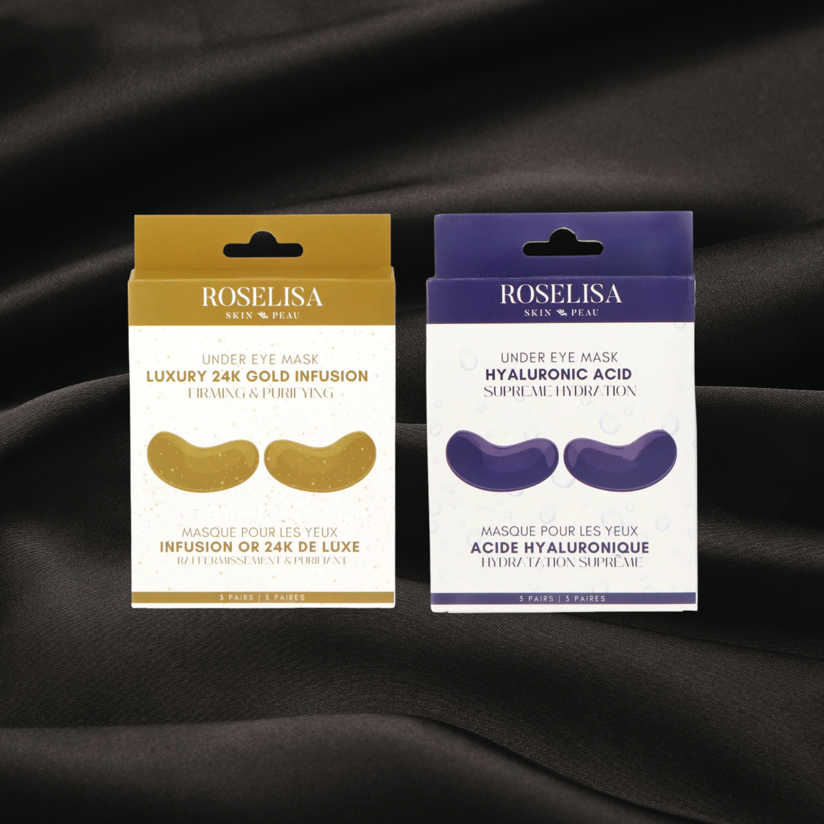 Masque pour les yeux or 24K de luxe & acide hyaluronique de Rosalisa sur fond noir satin disponible chez cachet urbain