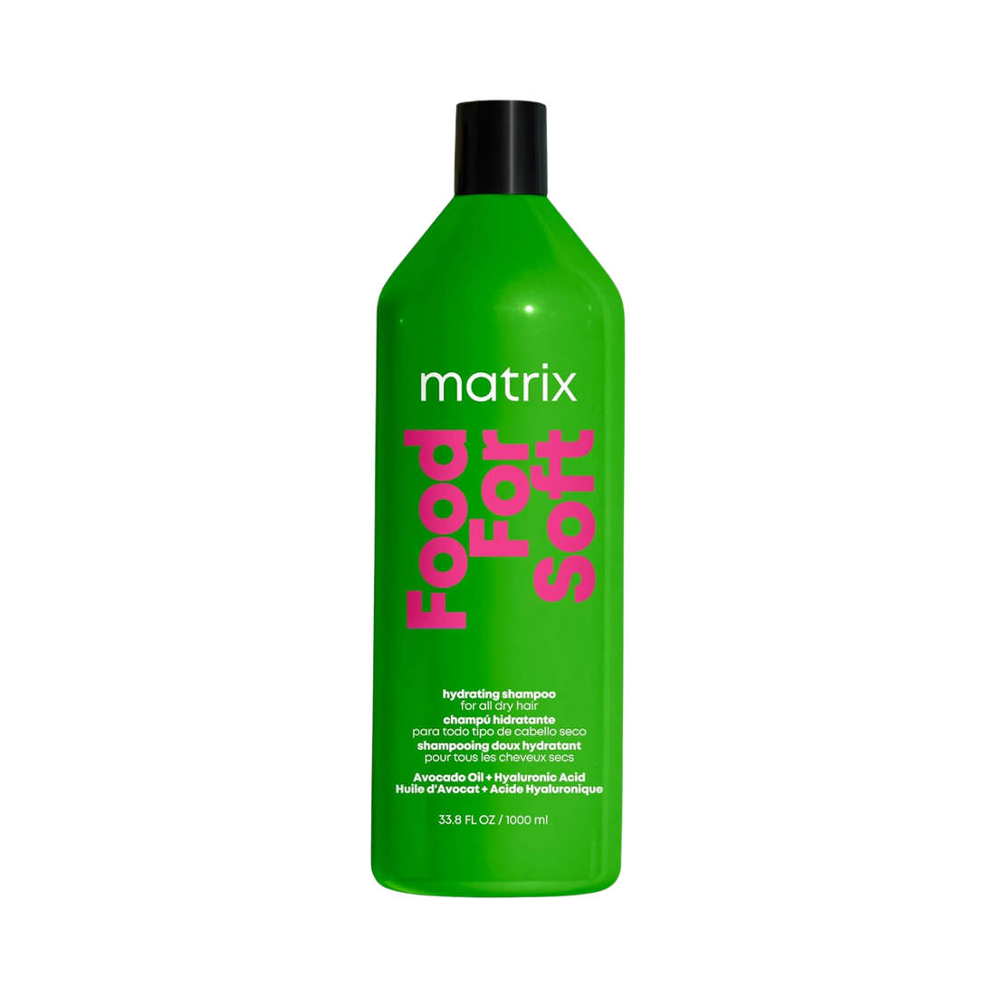 “Matrix Food For Soft Hydrating Shampoo flacon — huile d’avocat, acide hyaluronique — cheveux doux et hydratés 72 heures”