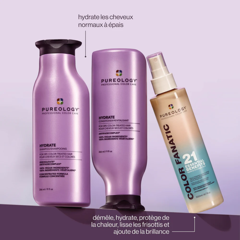 Coffret Pureology Hydrate : flacon shampooing 266 ml, revitalisant 266 ml et spray Color Fanatic 200 ml