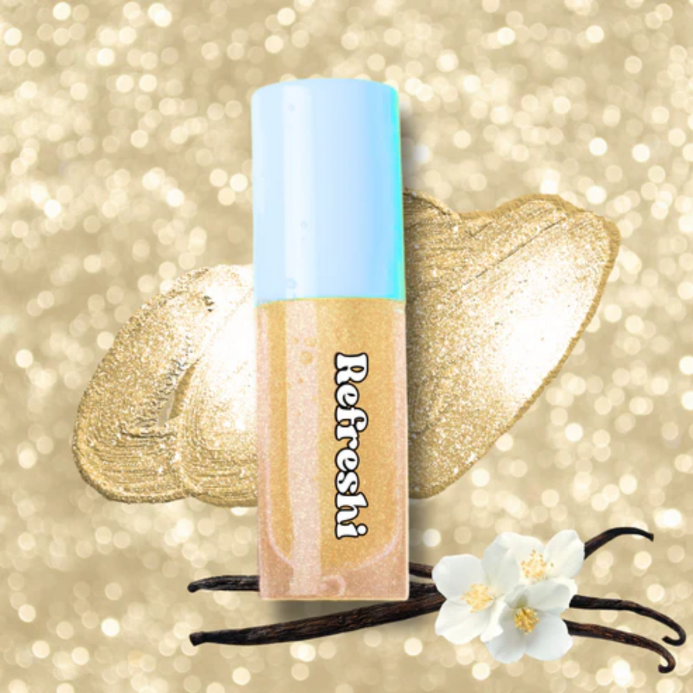 Flacon 5 ml 24K Gold Glitter Lip Oil, huile lèvres brillante avec fines paillettes dorées, texture non collante, parfum café-noisette

