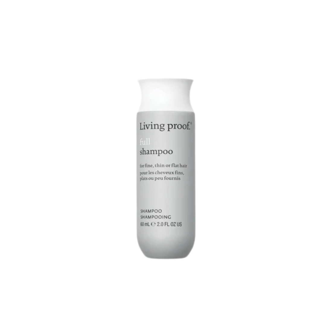Flacon du shampoing Full Living Proof, blanc et vert, posé sur fond neutre, évoquant volume, légèreté et soin capillaire professionnel.

