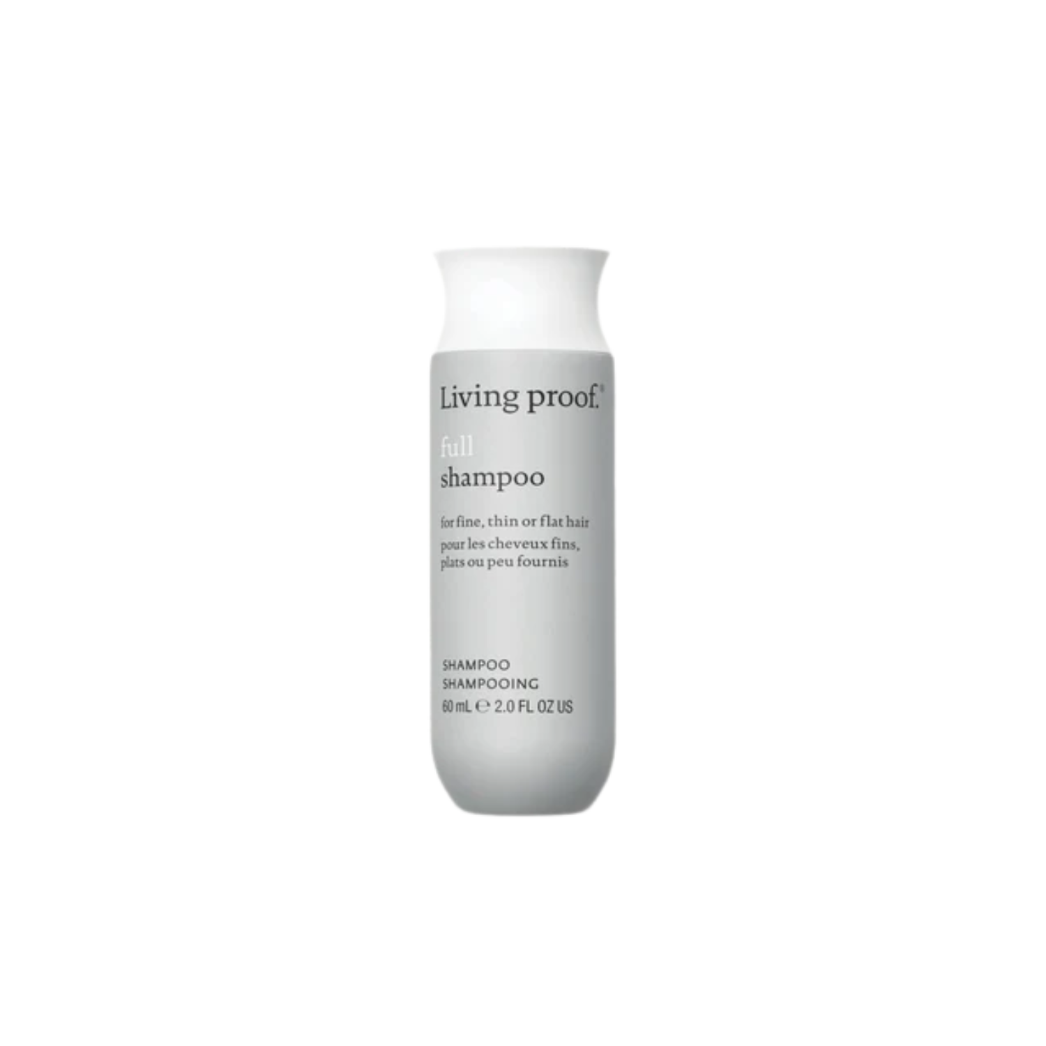 Flacon du shampoing Full Living Proof, blanc et vert, posé sur fond neutre, évoquant volume, légèreté et soin capillaire professionnel.

