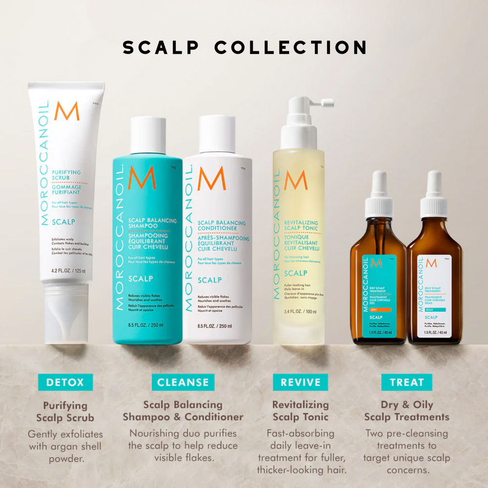 Flacon du traitement cuir chevelu Moroccanoil Oily Scalp Treatment, sérum pré‑shampooing purifiant pour cuir chevelu gras

