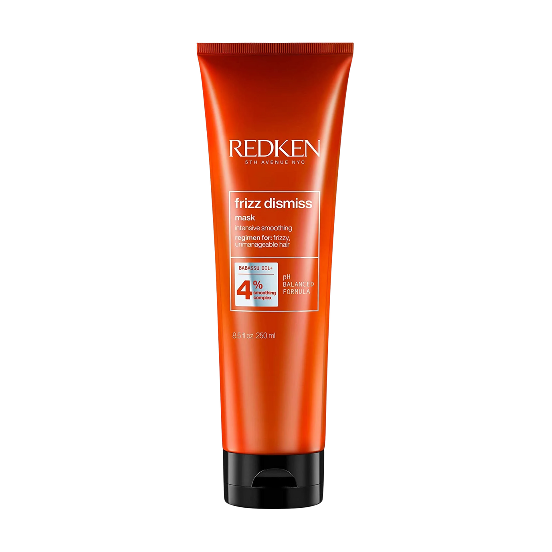 Pot de masque Redken Frizz Dismiss lissant anti-frisottis enrichi en huile de babassu et complexes hydrophiles/hydrophobes pour une fibre lisse et disciplinée