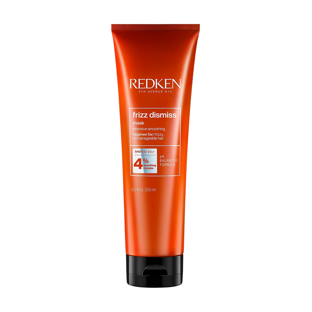 Pot de masque Redken Frizz Dismiss lissant anti-frisottis enrichi en huile de babassu et complexes hydrophiles/hydrophobes pour une fibre lisse et disciplinée