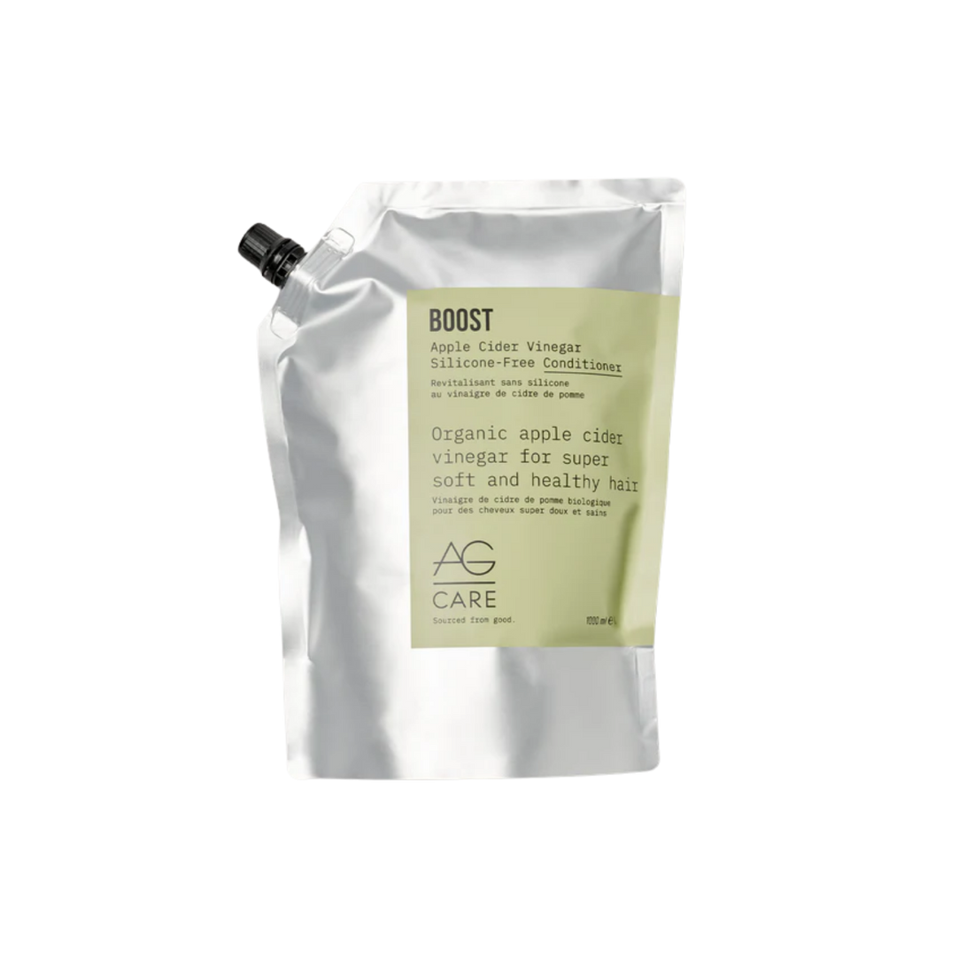 Photo du flacon du revitalisant AG BOOST Apple Cider Vinegar sans silicones 12 oz, packaging blanc et doré.