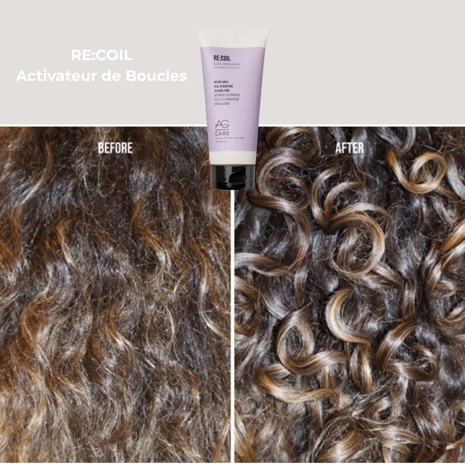 Flacon AG Care RE:COIL Curl Activator – 178 ml posé sur fond blanc