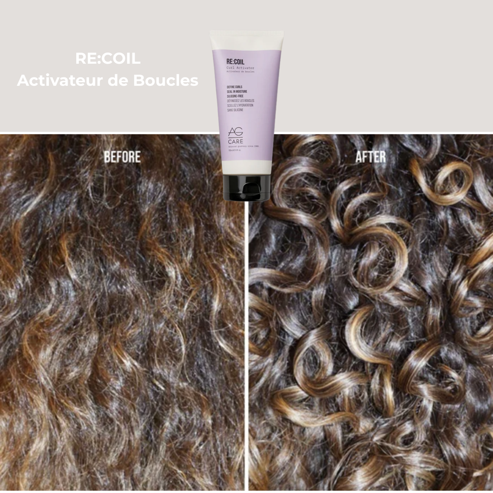Flacon AG Care RE:COIL Curl Activator – 178 ml posé sur fond blanc