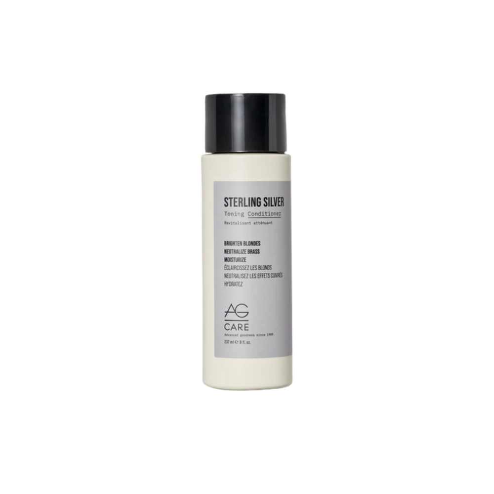 Flacon AG Care Sterling Silver Toning Conditioner – neutralise reflets jaunes et cuivrés, cheveux blonds, gris ou argentés, hydratés et brillants