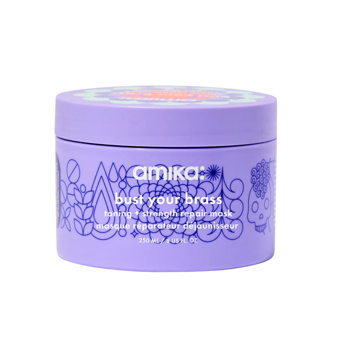Pot du masque Amika Bust Your Brass posé sur fond blanc

