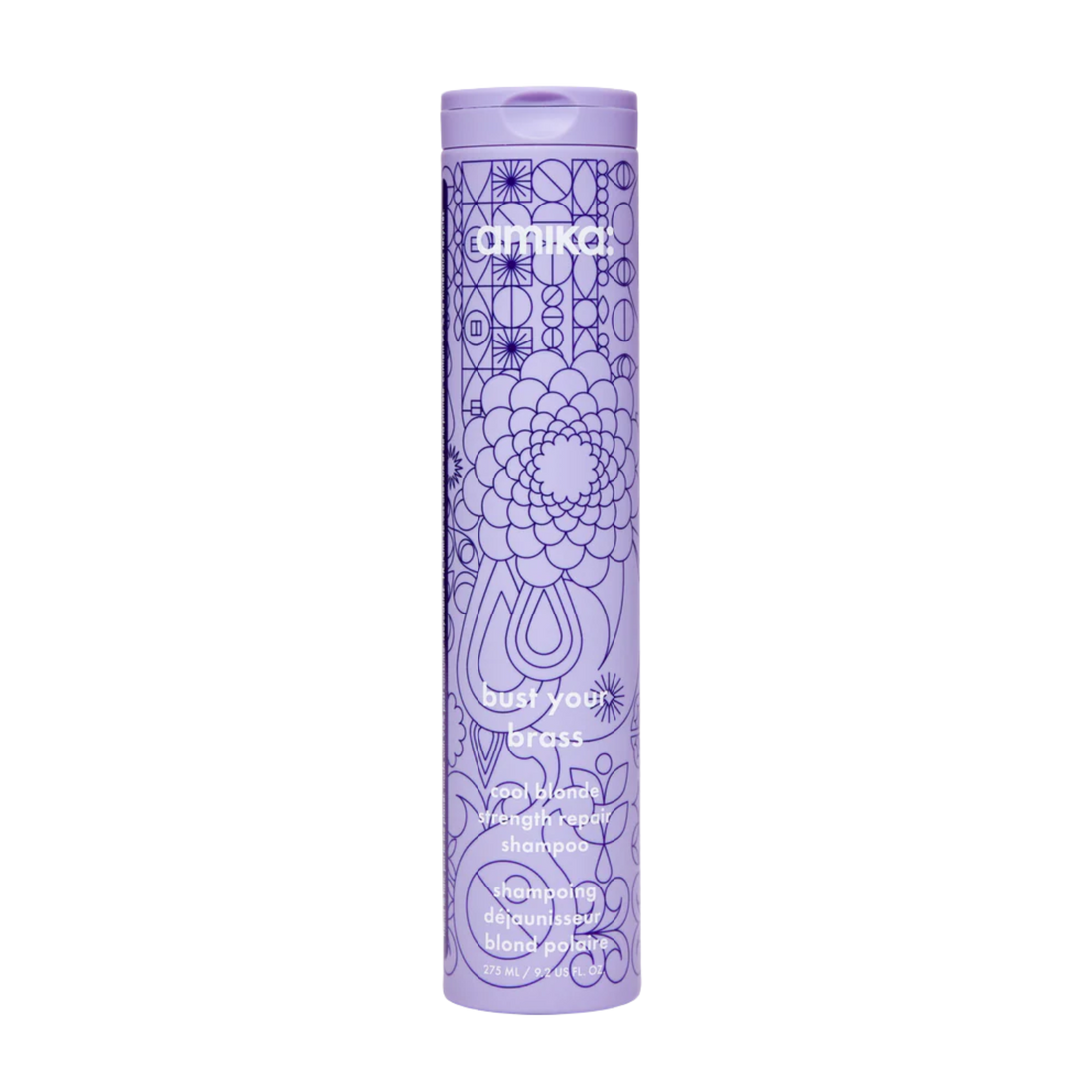 Flacon du shampoing Amika Bust Your Brass 275 ml posé sur fond blanc

