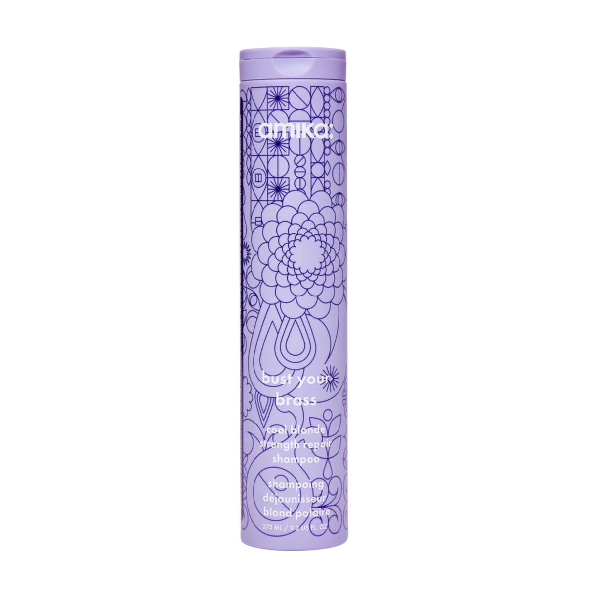 Flacon du shampoing Amika Bust Your Brass 275 ml posé sur fond blanc

