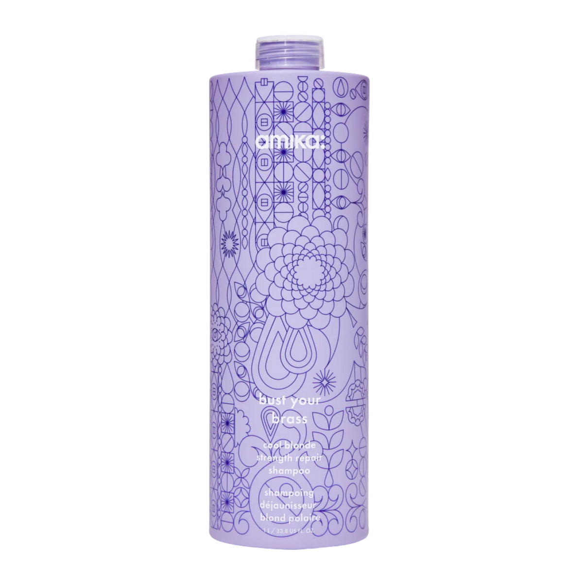 Flacon du shampoing Amika Bust Your Brass 275 ml posé sur fond blanc

