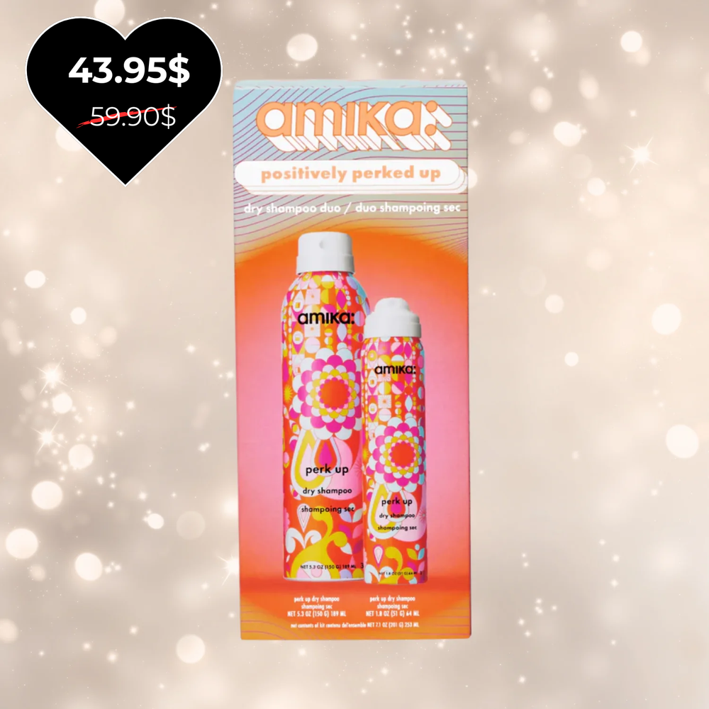 Bouteille de shampoing sec Amika Perk Up, flacon aérosol blanc-bleu