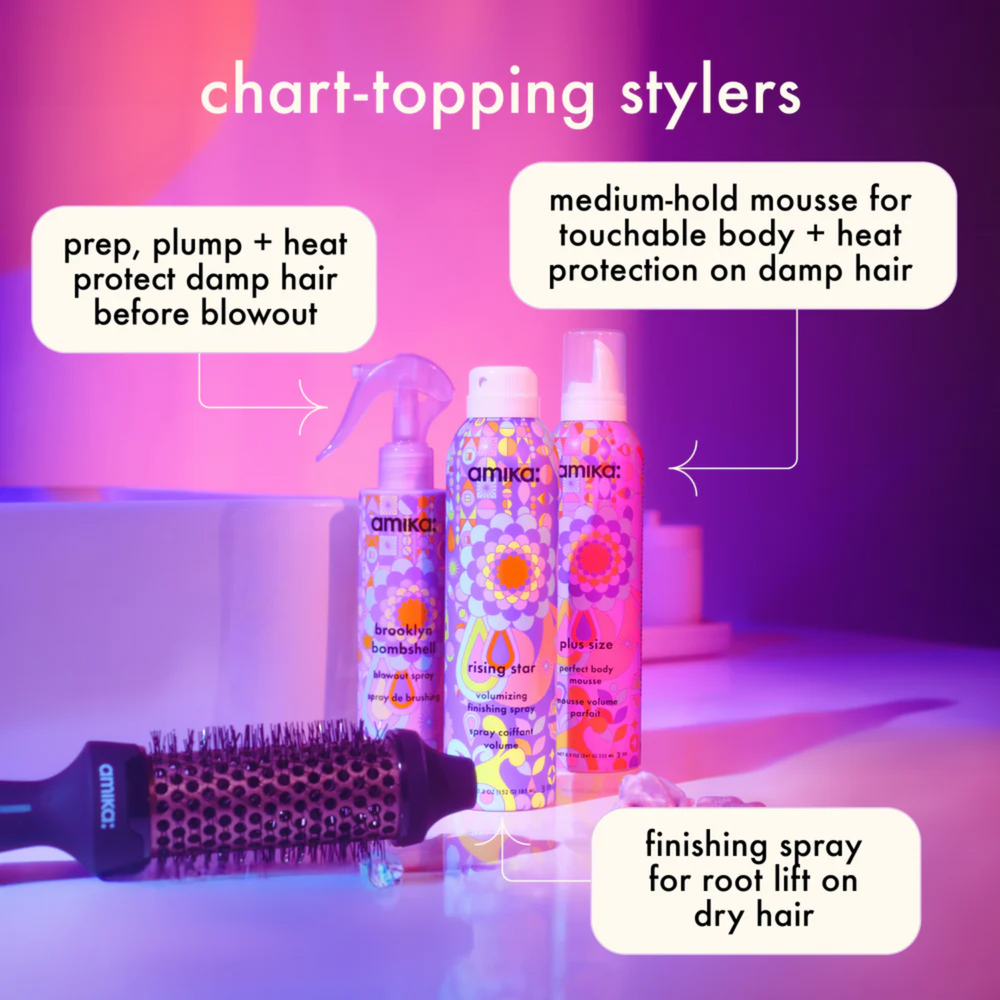 Flacon 185 ml du spray volumisant Amika Rising Star, style fin léger pour lift des racines sans résidu.

