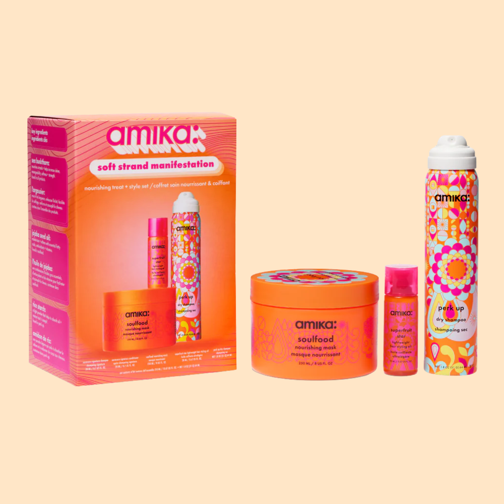 Coffret Amika Soft Strand Manifestation – ensemble masque, shampoing, huile et shampooing sec