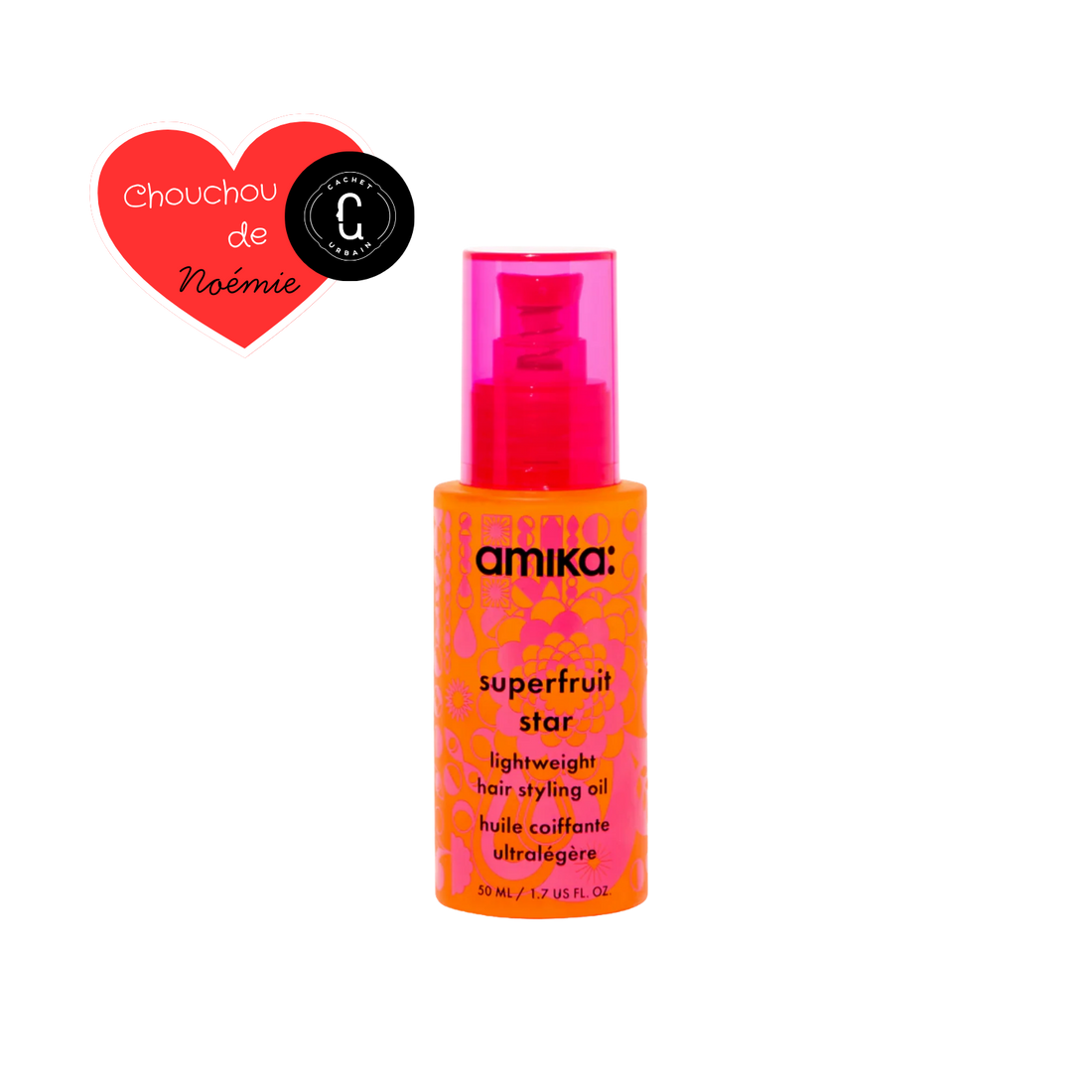 Flacon Amika Superfruit Star Lightweight Hair Styling Oil 50 ml, huile légère pour force, brillance et protection thermique.