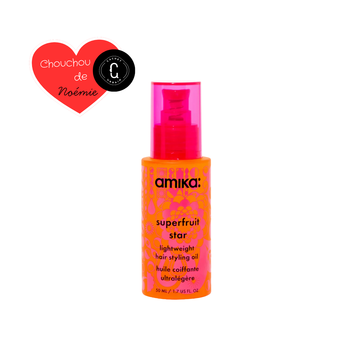 Flacon Amika Superfruit Star Lightweight Hair Styling Oil 50 ml, huile légère pour force, brillance et protection thermique.