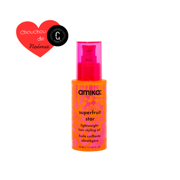 Flacon Amika Superfruit Star Lightweight Hair Styling Oil 50 ml, huile légère pour force, brillance et protection thermique.