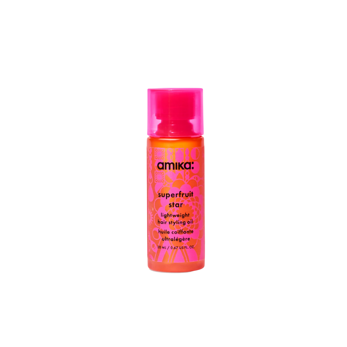 Flacon Amika Superfruit Star Lightweight Hair Styling Oil 50 ml, huile légère pour force, brillance et protection thermique.