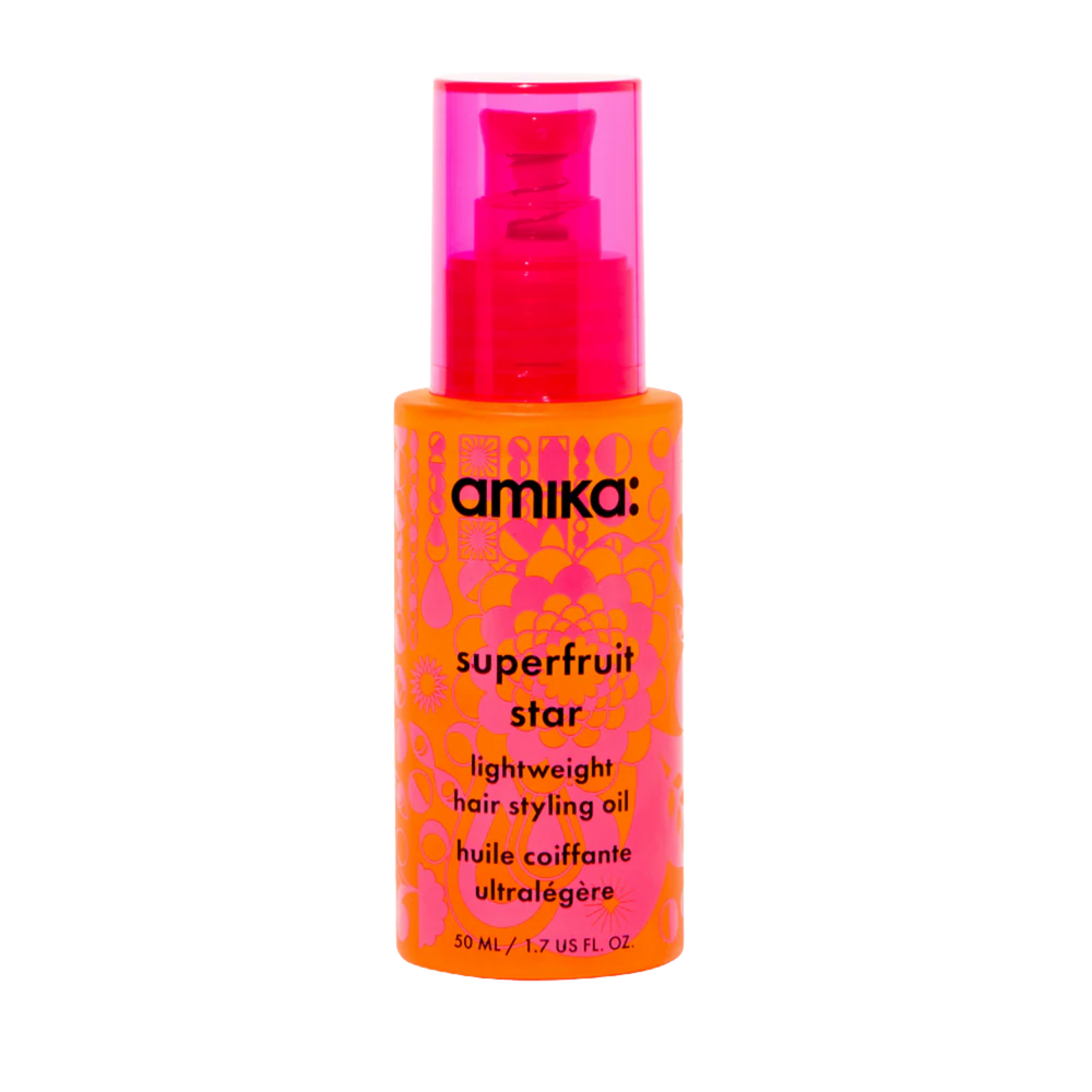 Flacon Amika Superfruit Star Lightweight Hair Styling Oil 50 ml, huile légère pour force, brillance et protection thermique.

