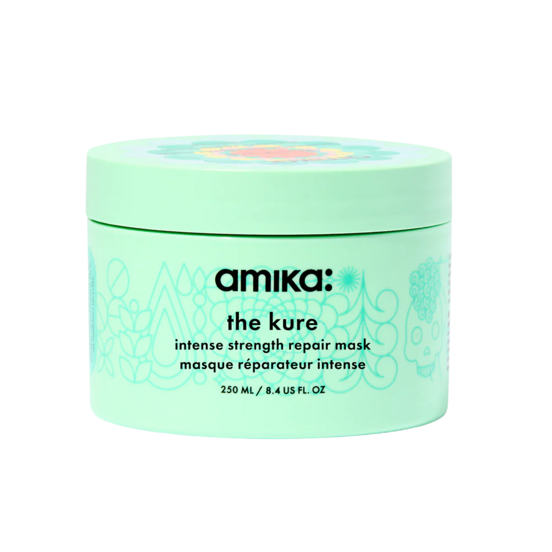 Flacon du masque réparateur intense The Kure d’Amika 500 ml posé sur fond blanc

