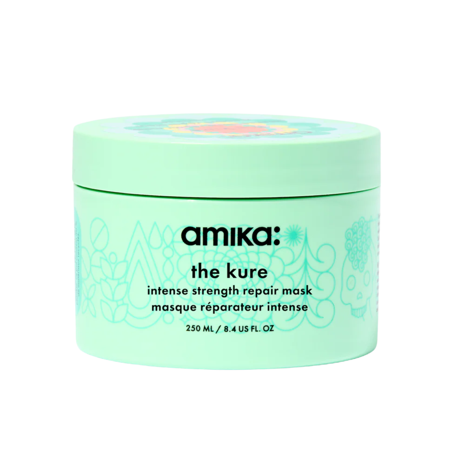 Flacon du masque réparateur intense The Kure d’Amika 500 ml posé sur fond blanc

