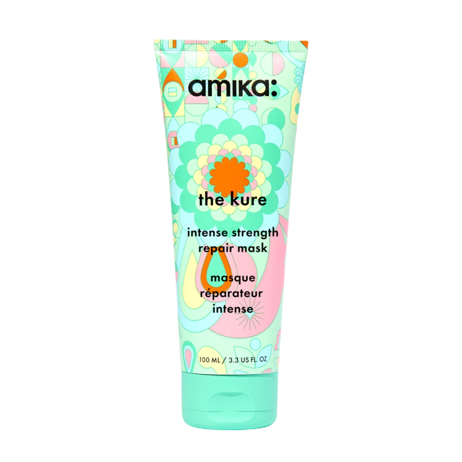 Flacon du masque réparateur intense The Kure d’Amika 500 ml posé sur fond blanc

