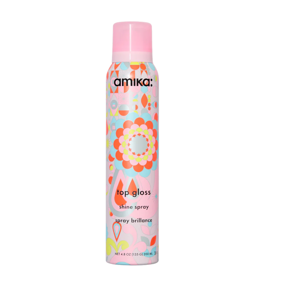 Flacon vaporisateur Amika Top Gloss Shine Spray, finition brillante ultra-légère pour cheveux éclatants.

