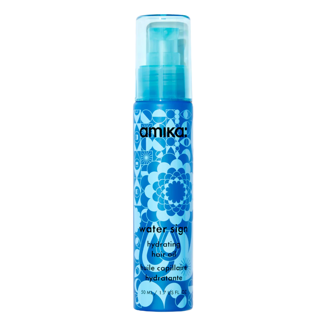 Flacon élégant Amika Water Sign Hydrating Hair Oil 50 ml, huile hydratante brillante pour cheveux secs et texturés.

